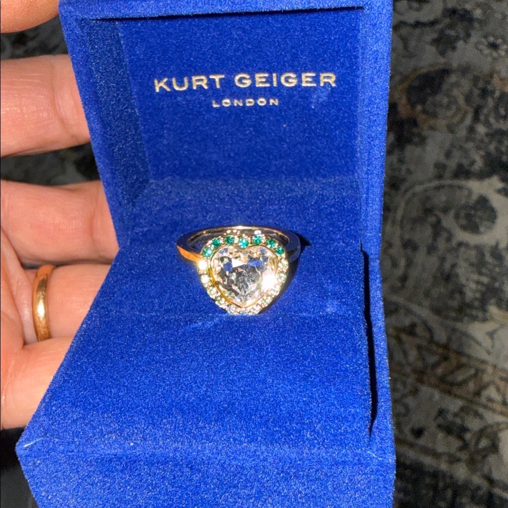 Kurt Geiger Gold Heart Ring with Clear and Green Stones